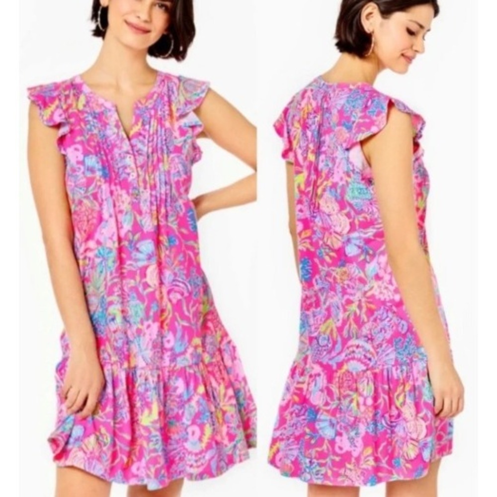 Lilly Pulitzer Golda Flutter Sleeve Dress Size XXS Pink Multi Cotton Mini Summer